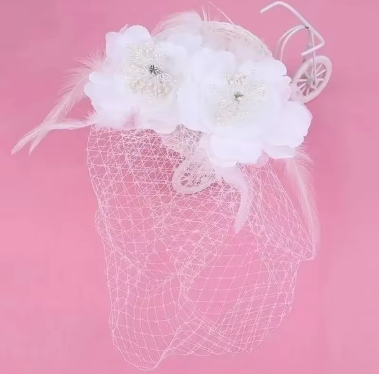 White Lace Flower Birdcage Veil with Feather