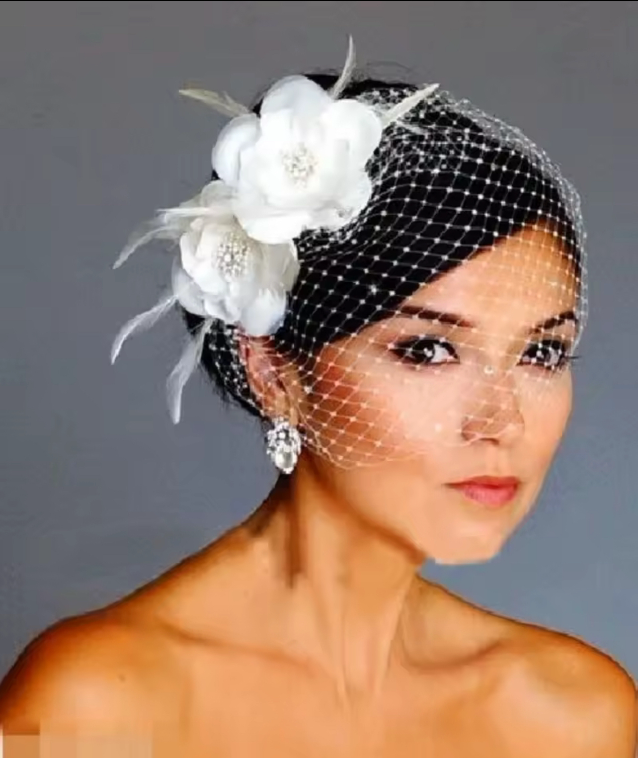 White Lace Flower Birdcage Veil with Feather