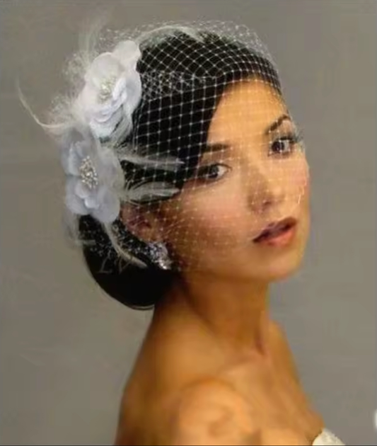 White Lace Flower Birdcage Veil with Feather