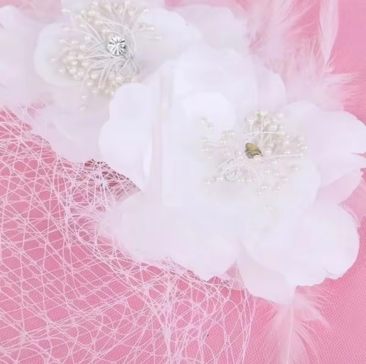 White Lace Flower Birdcage Veil with Feather
