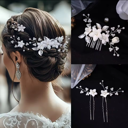 Handcrafted Flower and Pearl Comb and Hairpins