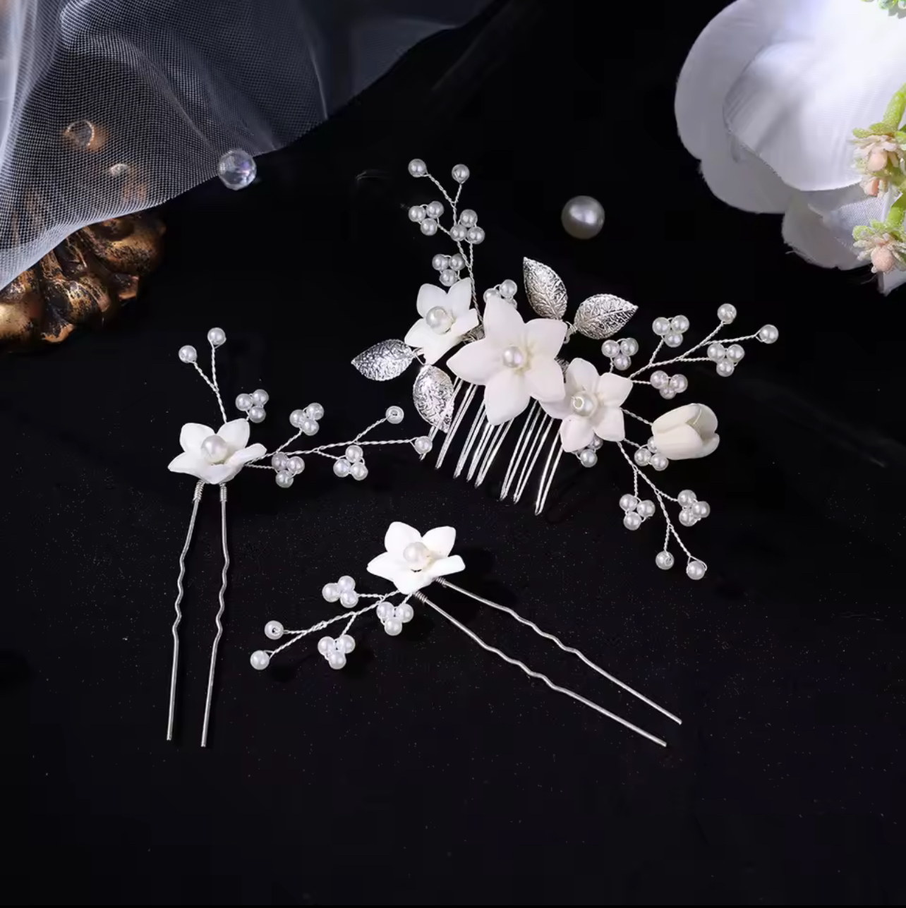 Handcrafted Flower and Pearl Comb and Hairpins