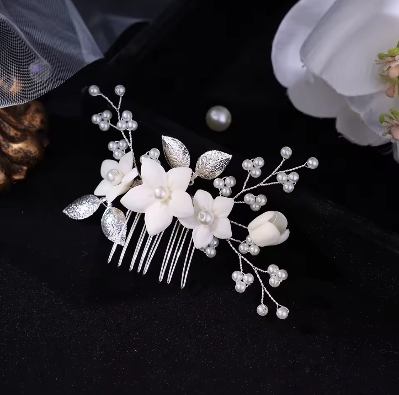 Handcrafted Flower and Pearl Comb and Hairpins
